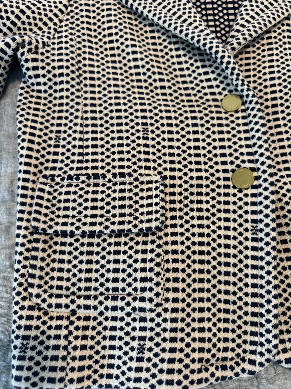 Tory Burch Navy and Cream Geometric Knit Jacket with Logo Tag